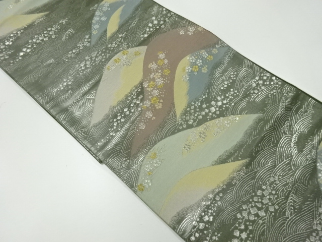 JAPANESE KIMONO / VINTAGE FUKURO OBI / WOVEN MOUNTAIN & FLOWER